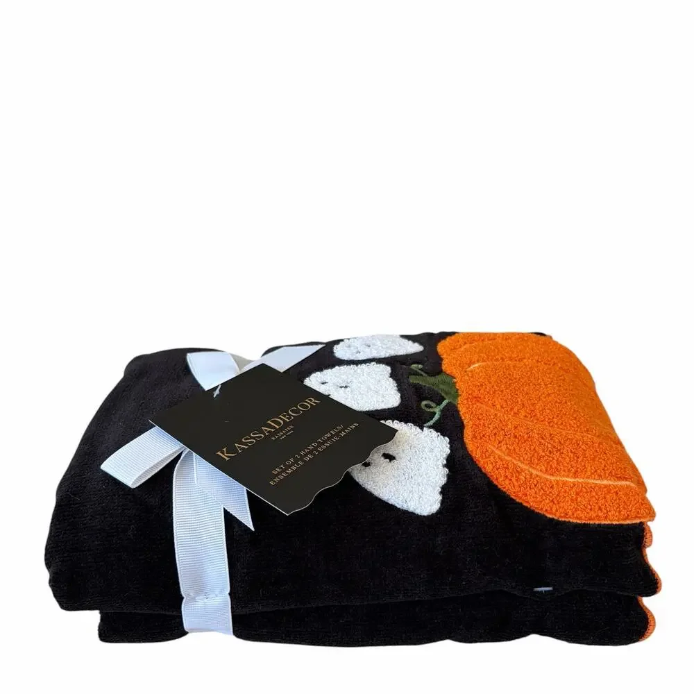 Kassadecor Embroidered Halloween Hand Towel Set of 2 Plush Pumpkins Ghost NEW